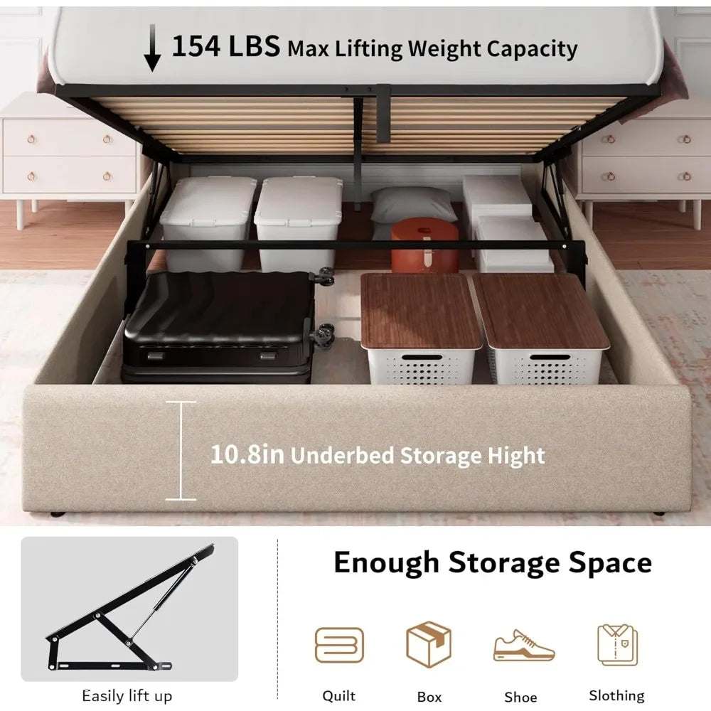 Queen Size Lift Up Storage Bed Frame with Charging Station, Upholstered Platform Bed Frame with Tufted Headboard, Hydraulic