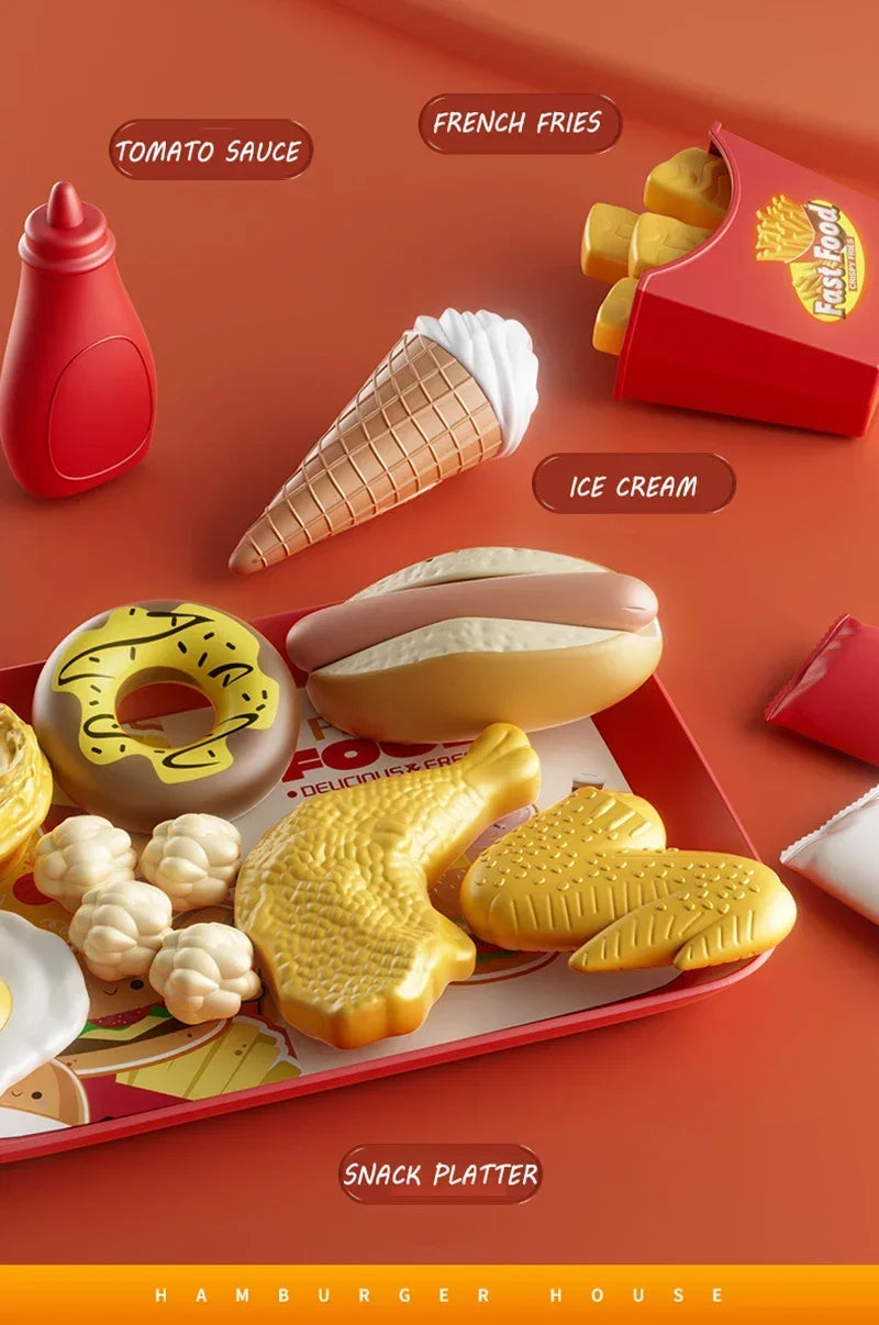 Kid Kitchen Toy Set /Simulation/ Make Hamburgers, Pizza, Fries, Pretend Play Food Cooking/ Cutting Game/ Montessori Interactive Toy Gift