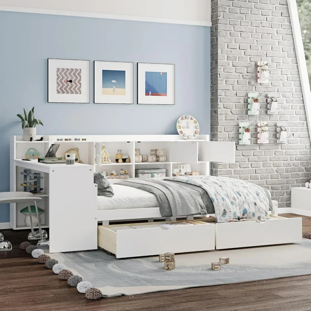 L-Shaped Wooden Daybed with Storage, Desk, and Bookshelf for Full-Size Beds