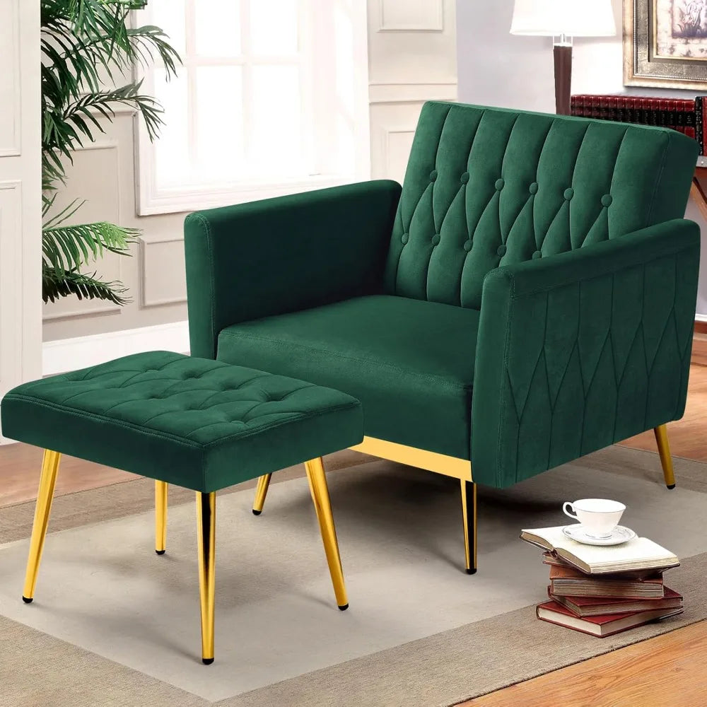 Upholstered Reclining Chair/Ottoman with Adjustable Armrests and Back, Button-Tufted Relaxation Seat