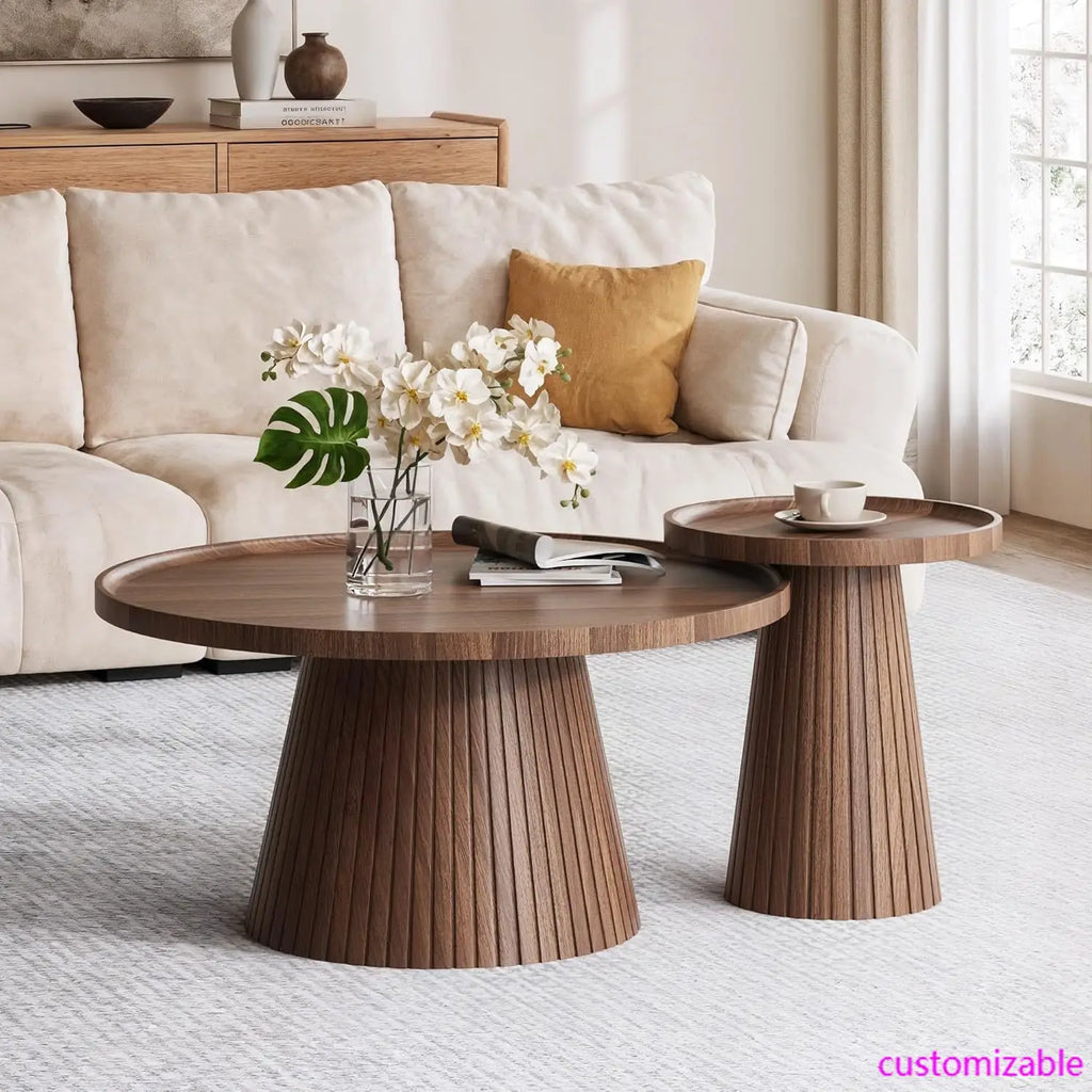 Nesting Coffee Table Set of 2, Mid Century Modern Coffee Table with Wood Grain Veneer, Fluted Round Tea Table