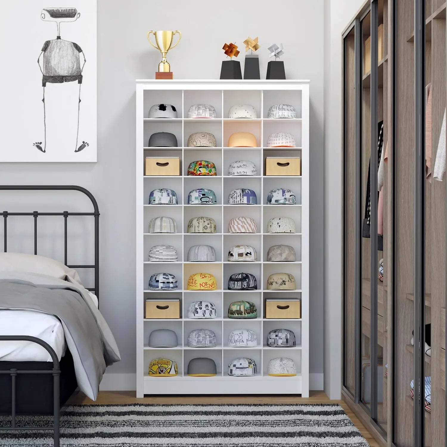 White Tall Storage Cabinet, Shoe Cabinet, Cube Storage Organizer with 40 Shoe Cubbies 13" D x 39.5" W x 72.5" H