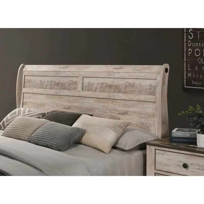 Contemporary White Wash Finish King Sleigh Bed Set with Dresser, Mirror, and 2 Nightstands