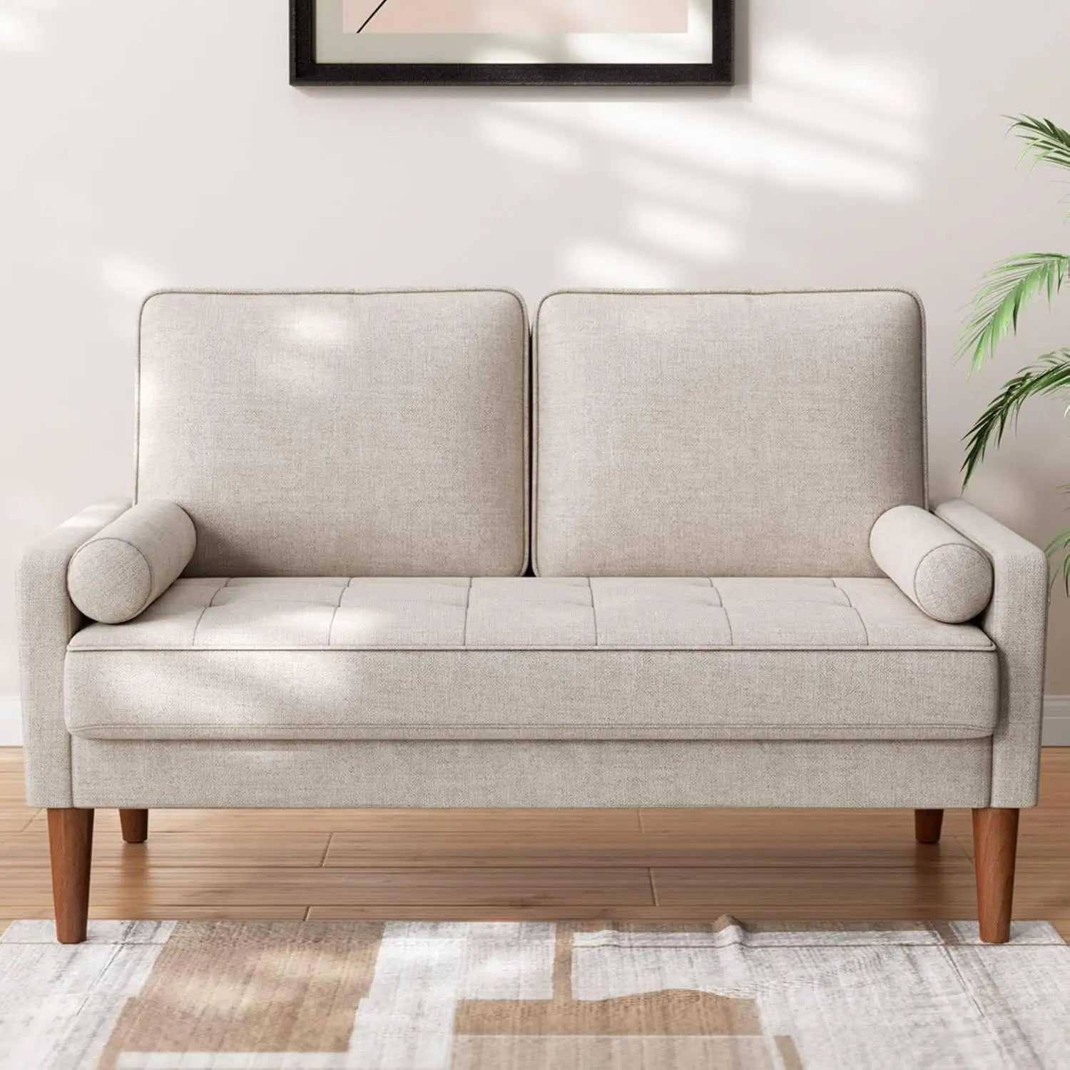 48" Sofa Loveseat, Mid Century Couch for Small Spaces, Bedroom and Living Room, Removable Cover Spring Cushions, Solid Wood Fram