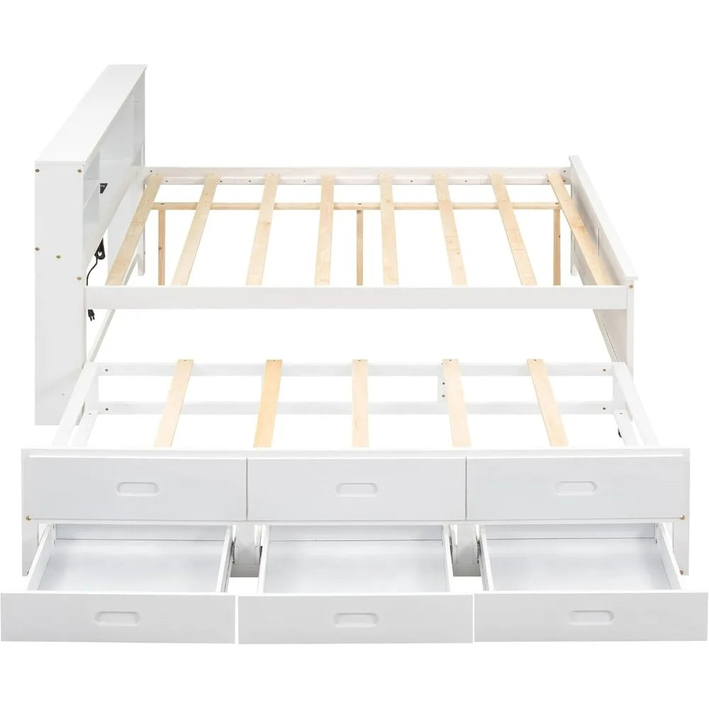 White Full Size Platform Bed with Storage, USB Ports, Wood Frame, Twin Trundle, and 3 Drawers