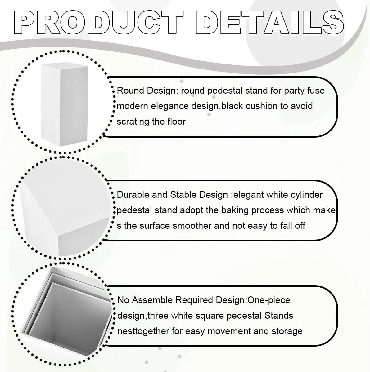 3Pcs White Metal Display Pedestal Stand for Party/ Wedding Sculpture/ Cylindrical Holder for Home/ Garden Decoration