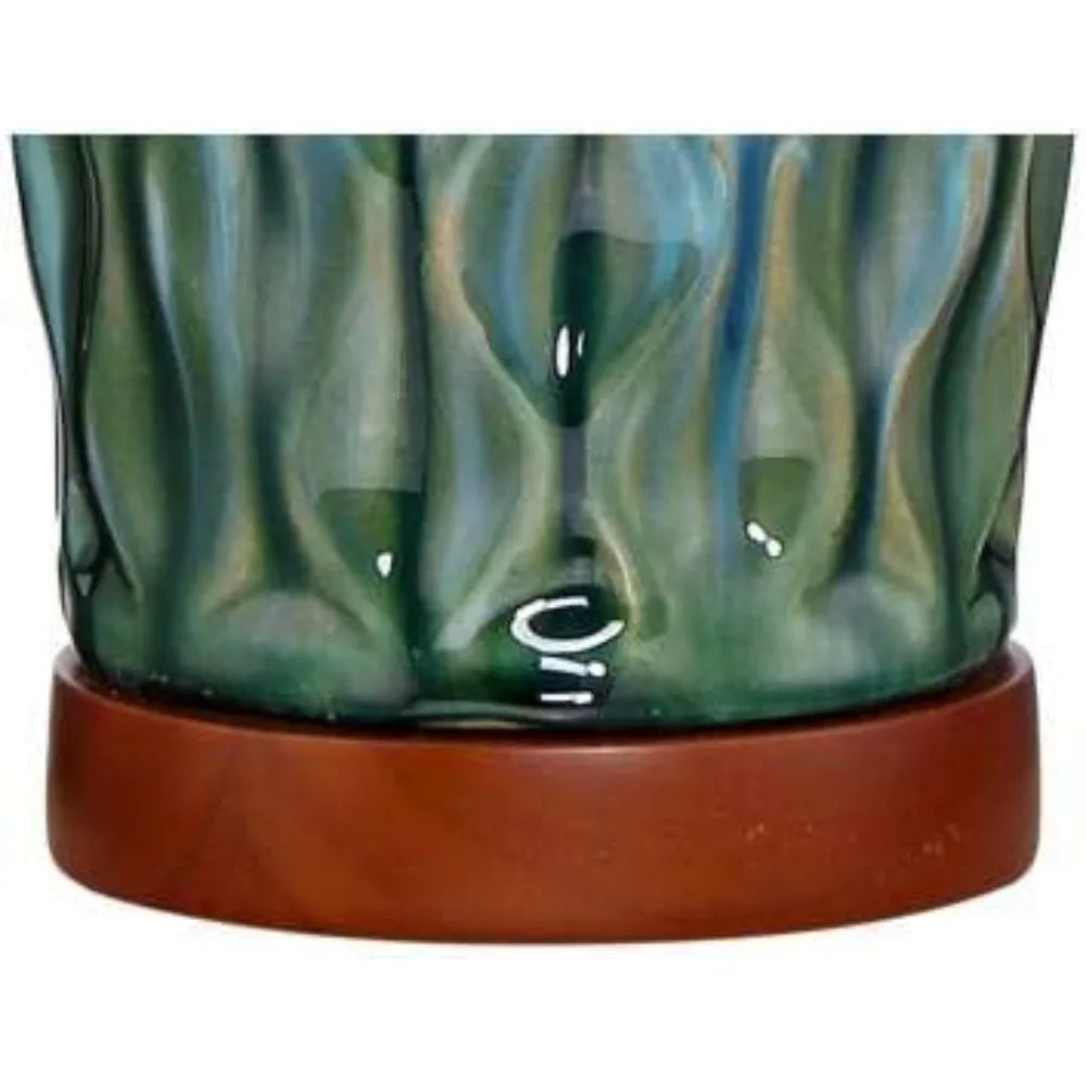 360 Lighting Rocco Mid Century Modern Table Lamp 30" Tall Ceramic Blue Teal Glaze Wood Handmade Linen Drum Shade