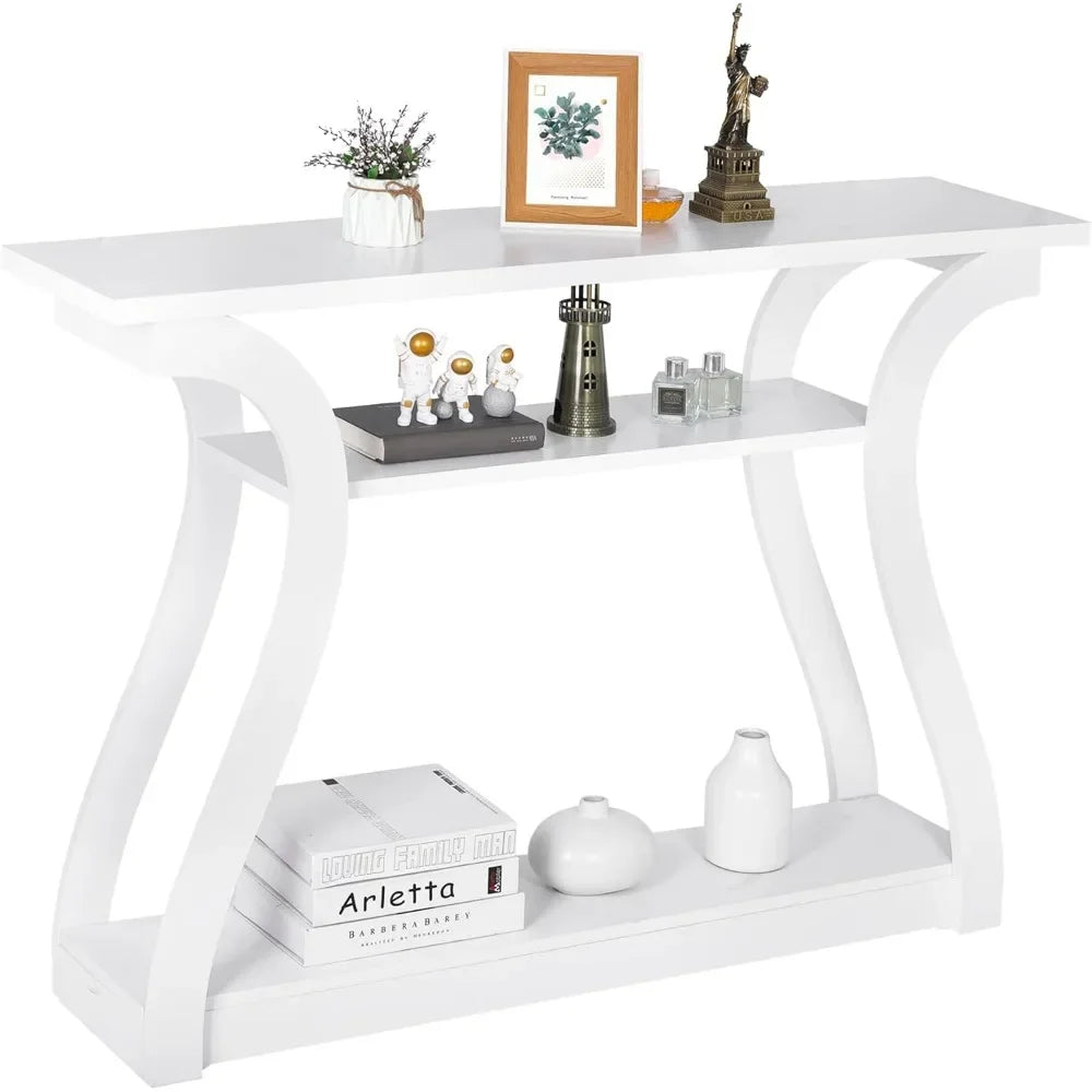 Wood Console Table for Entryway, 3 Tier Sofa Table with Curved Frame and 2 Open Storage Shelves, Narrow Table for Hallways