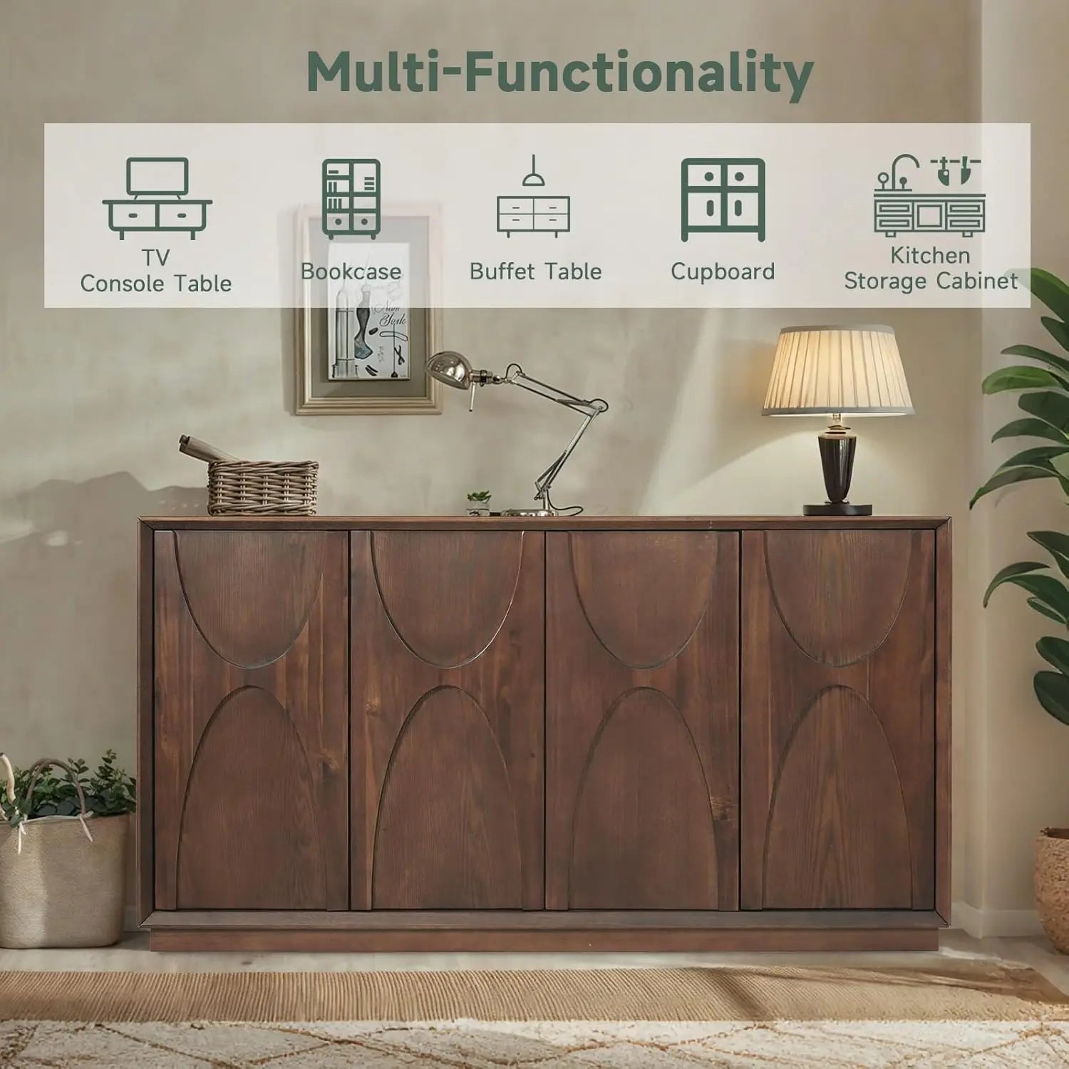 NEW 59" Sideboard Buffet Cabinet/ Retro Accent Storage Cabinet with Magnetic Door Latches/ Adjustable Shelf