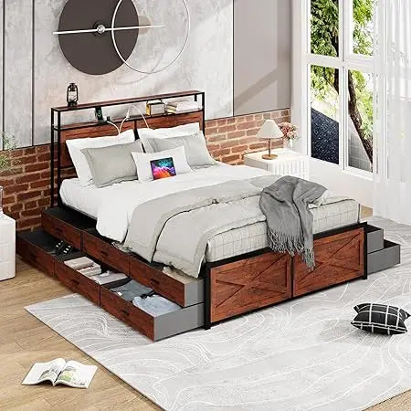 Queen Size Bed Frame with Storage, 12 Drawers, LED Lighting, Metal Slat Support Mattress Foundation