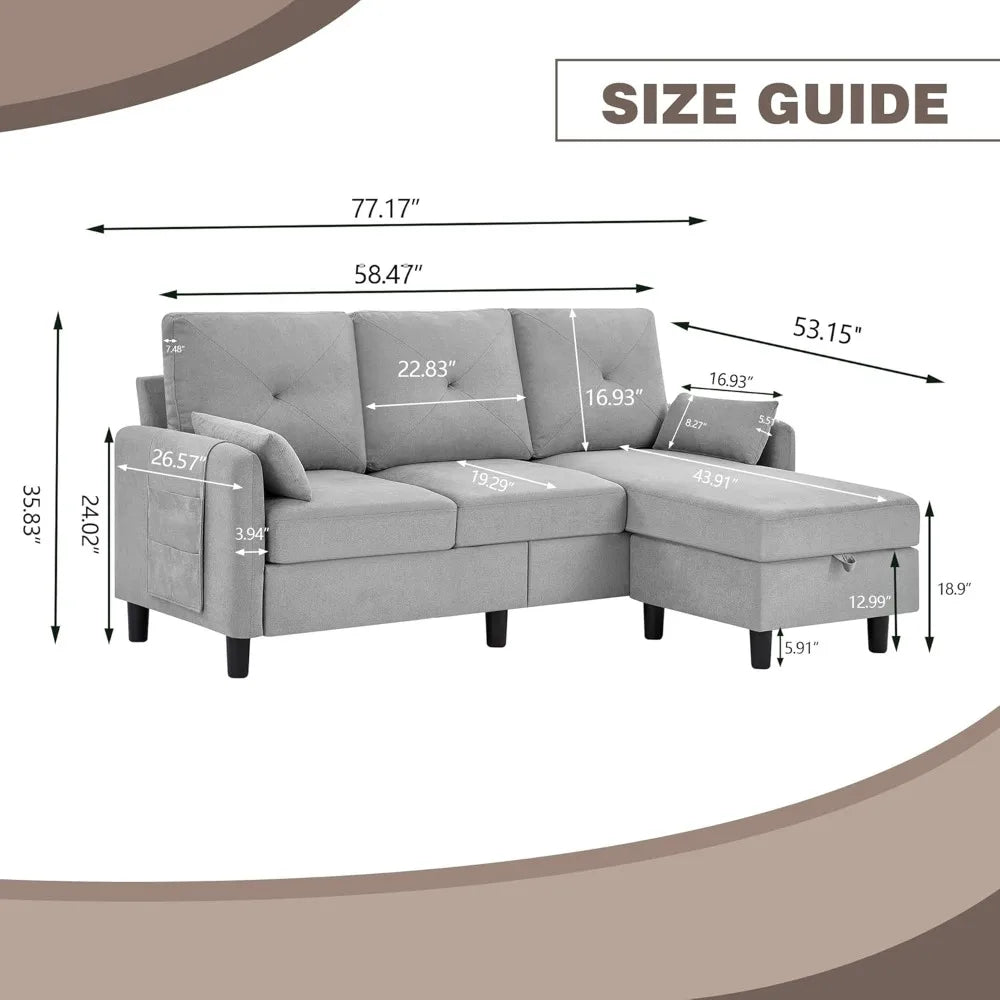 Modern 3-Seat L-Shaped Convertible Sectional Sofa with Reversible Ottoman and Storage Pocket for Small Spaces
