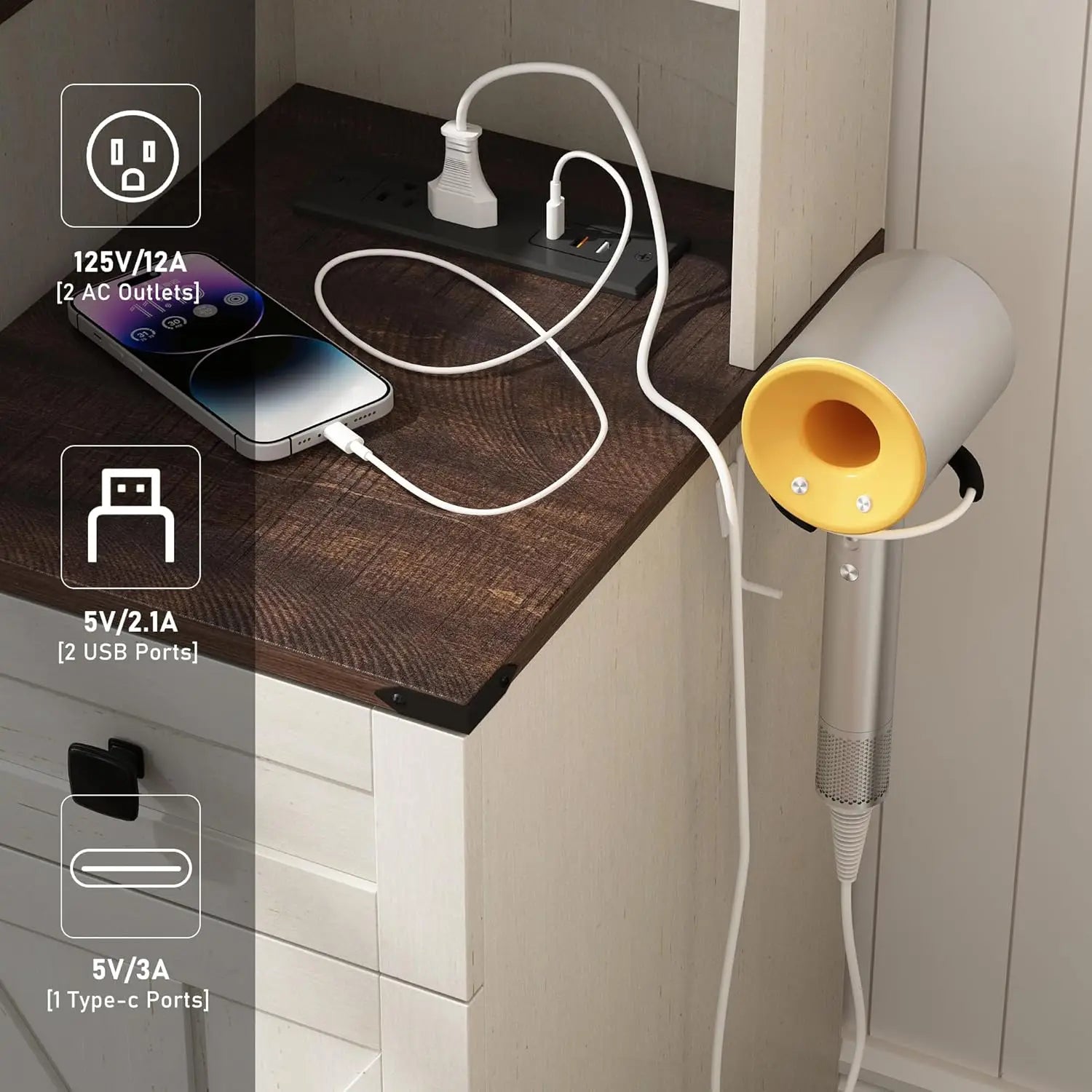 Farmhouse 47" Large Makeup Vanity Desk with Glass Tabletop, White Vanity with Sliding Mirror and Lights, Vanity Set with Stool