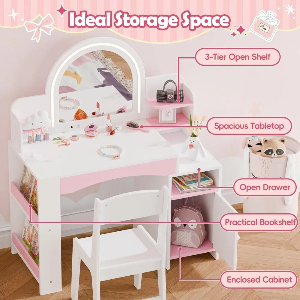 Children's Princess Makeup Vanity with Illuminated Mirror, Storage, and Bookshelf Combo