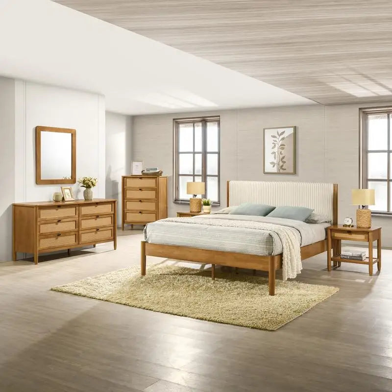 6-Piece Rubberwood Bedroom Set with Upholstered Queen Bed, Dresser, Mirror, 2 Nightstands, and Chest