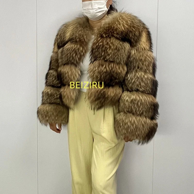 BEIZIRU Women's Real Raccoon Fur Coat Winter Long Sleeve Hooded Jacket with Turndown Collar/ Natural Luxury /Thick Top