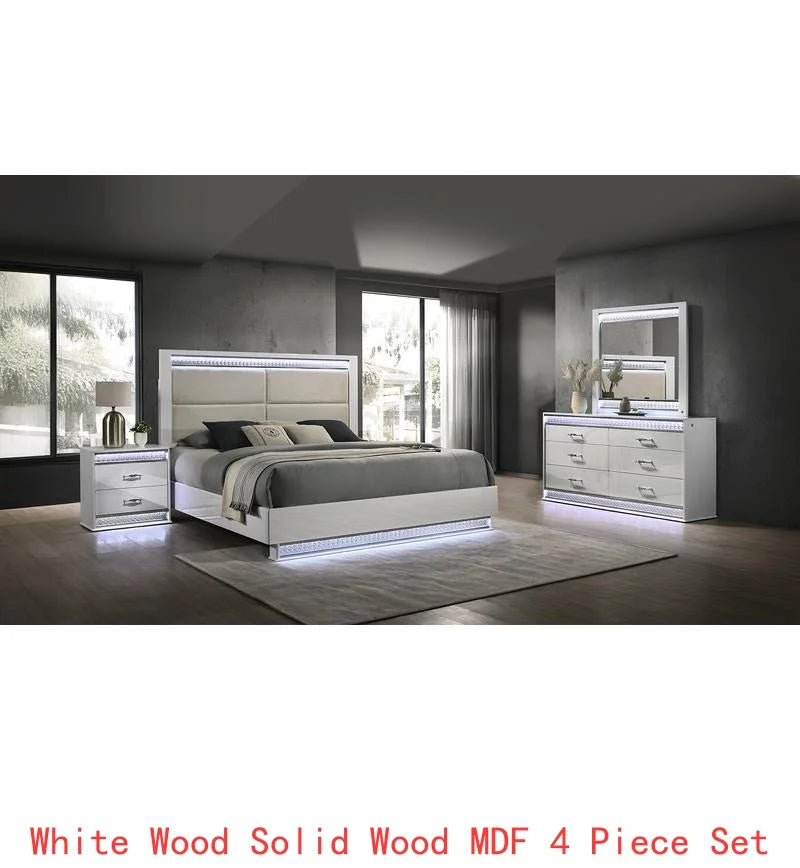 Modern 4-Pc King Bed Set with LED Headboard, Wood Construction in White Finish