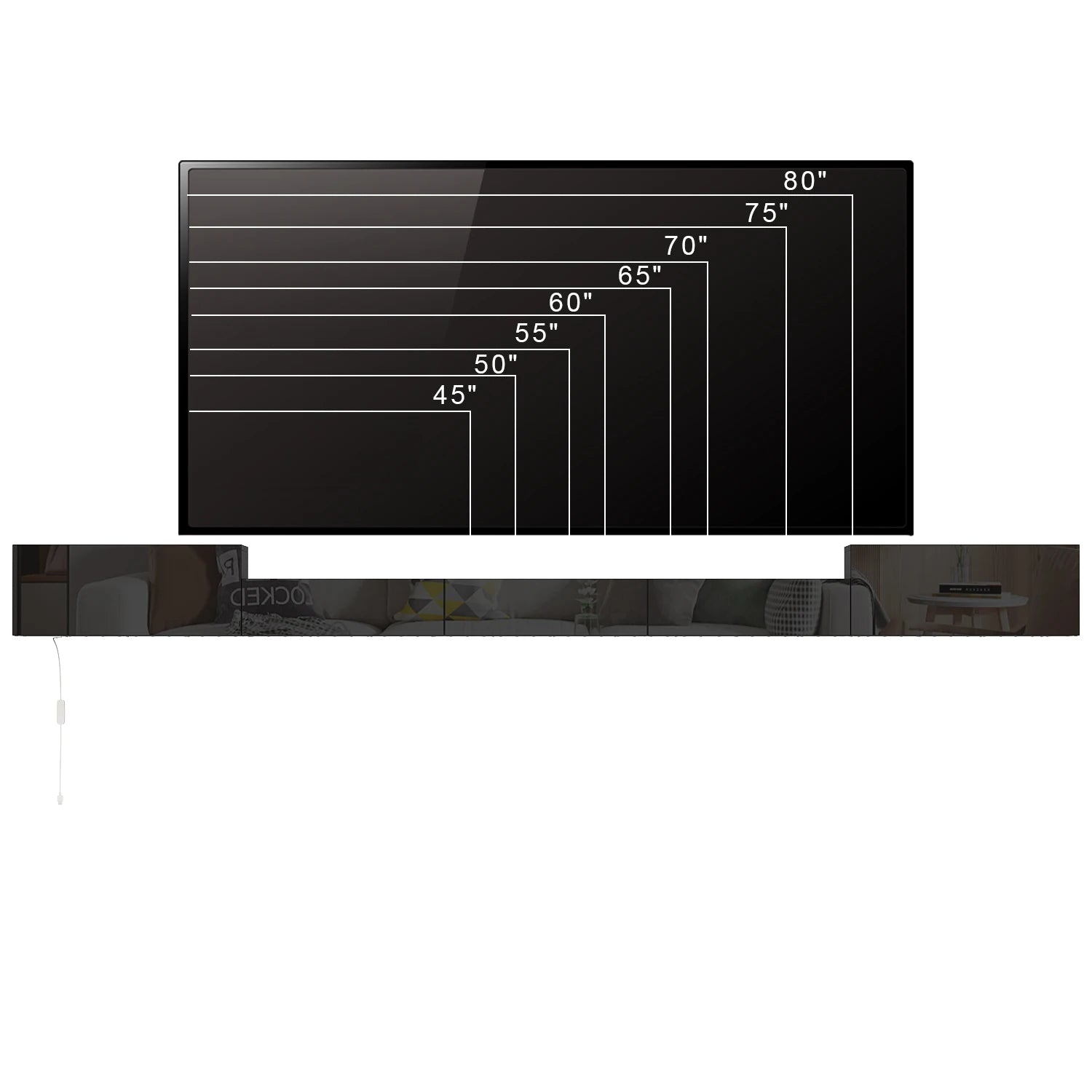 110.2'' L Modern TV Stand with Drawers & LED Lights, Wall-Mounted Media TV Console With Glossy Surface, Black