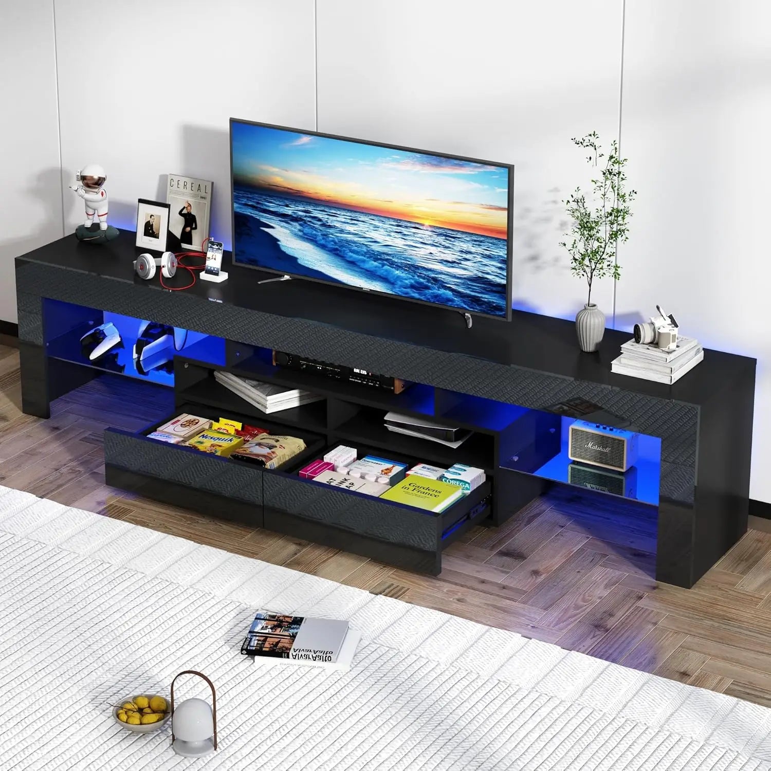 LED TV Stand for 75/85/90 inch TV, High Glossy Modern Entertainment Center with Drawer and LED Lights