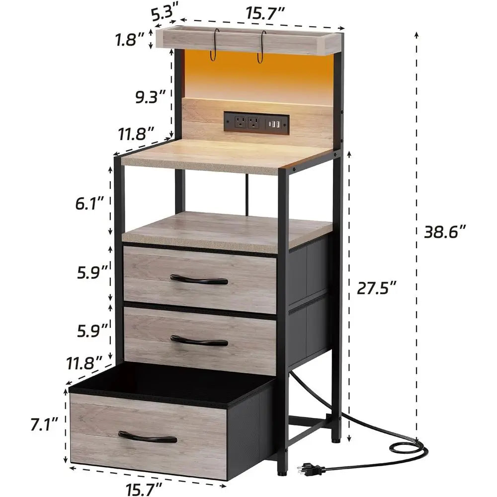 LED Lighted 3-Drawer Nightstand with Charger Station, Storage Shelves, and Hooks for Bedroom or Dorm
