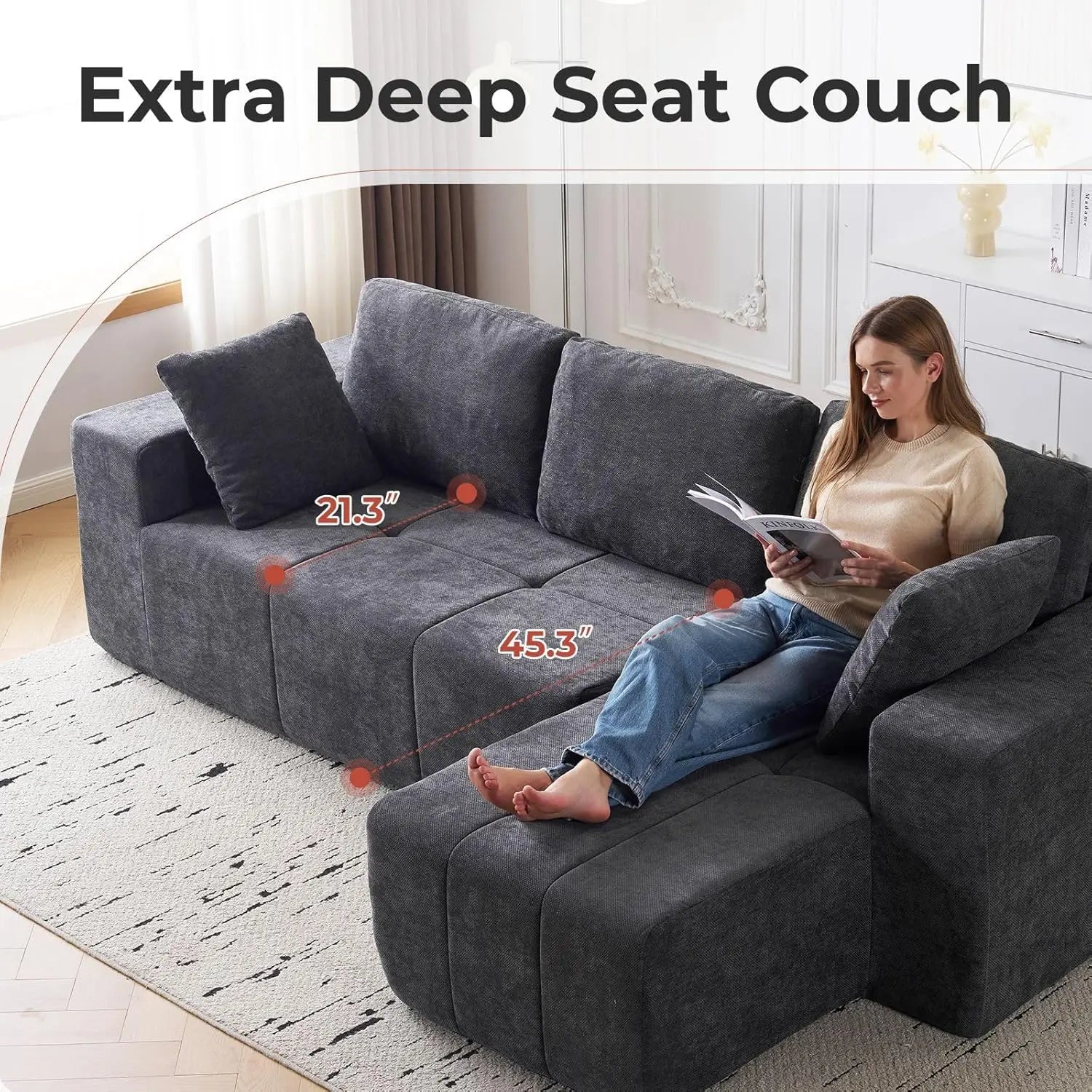 Cloud Modular Sectional Couch 105 Inch Chenille Boneless Couches Deep Seat Upholstered L-Shape Sofa with Chaise Customized