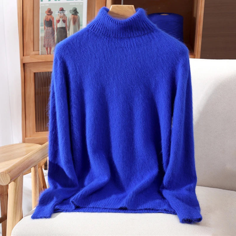 Autumn And Winter 100% Mink Cashmere Sweater, Ladies' High Lapel Solid Color Padded Pullover Wool Knitted Bottoming Shirt