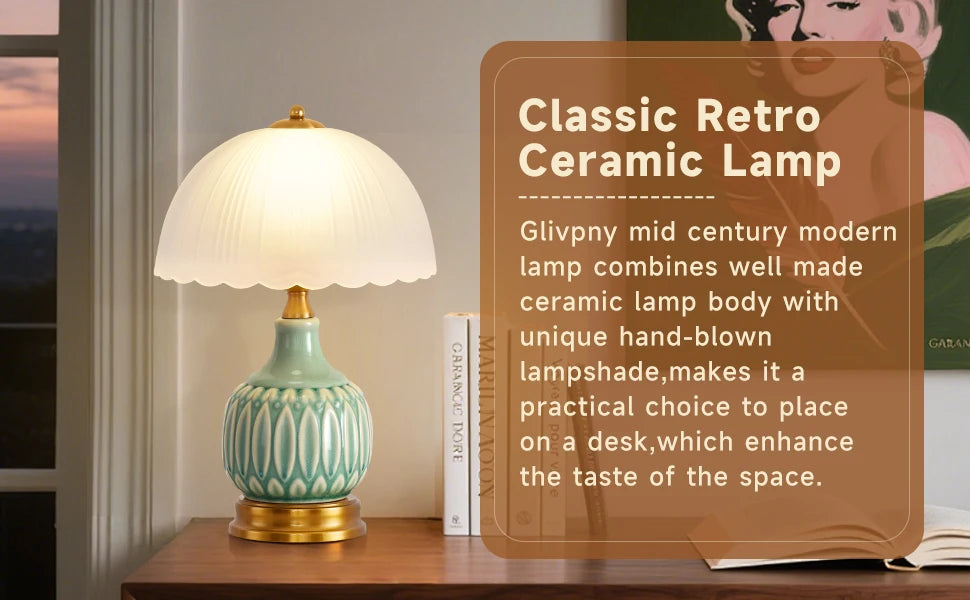 Vintage Lamp for Living Room,16" Modern Ceramic Table Lamps for Bedroom, Retro Bedside Nightstand/ Traditional Lamps ,Classic Chino