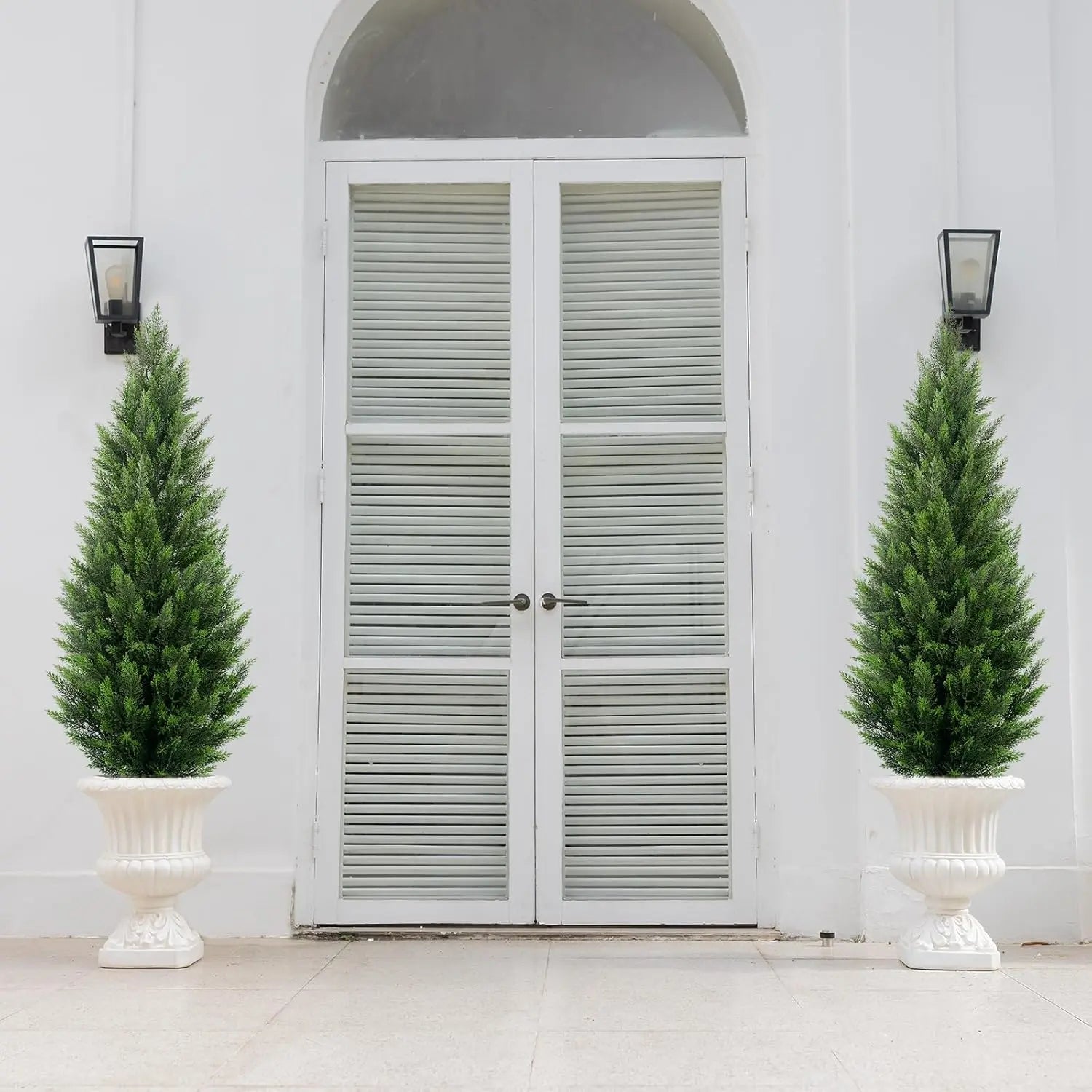 Artificial Topiary Cedar Trees 5FT Tall 2 Set, Outdoor Indoor Faux Pine Shrubs Plants, Realistic Fake Plants Front Porch Decor