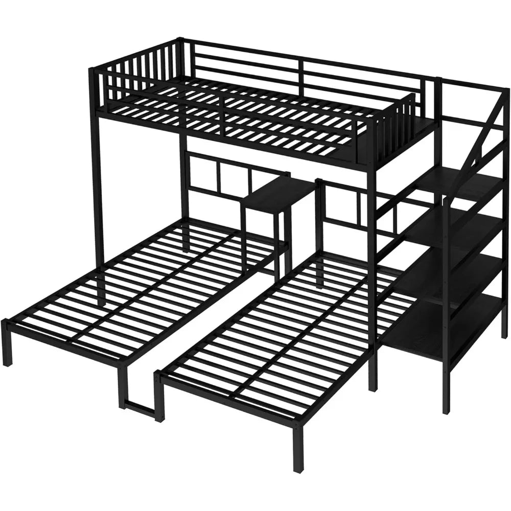 Triple Bunk Bed for Three Children, Sturdy with Storage Steps, Desk, and Safety Rails