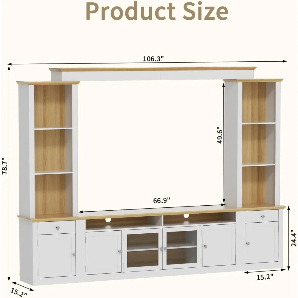Large Farmhouse TV Stand with Cabinets for TVs Up to 78" Wall Unit Entertainment Center with Open Bookshelves and 2 Drawers 4-in