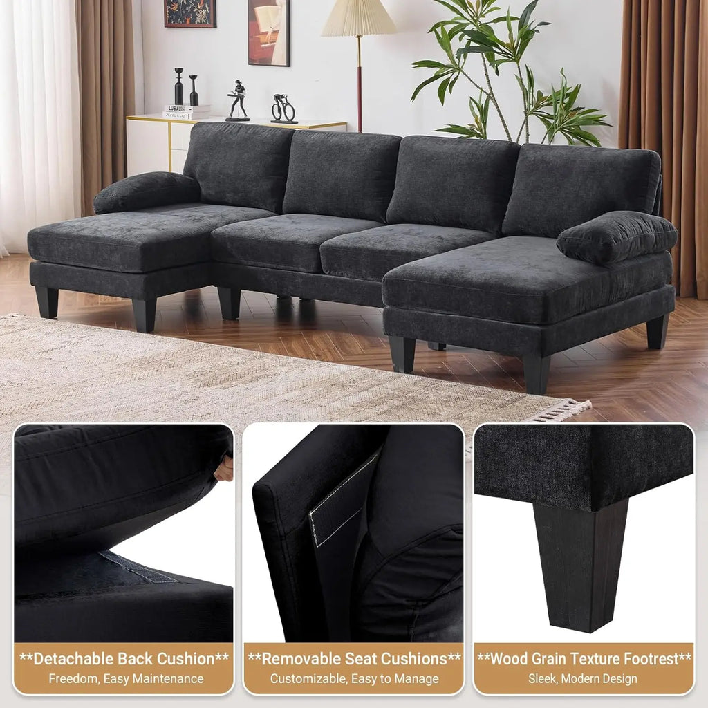 110" Sectional Couches for Living Room, U- Shaped Couch with Double Chaise, 4-Seat Sofa Set with Chenille Fabric for Home Furniture