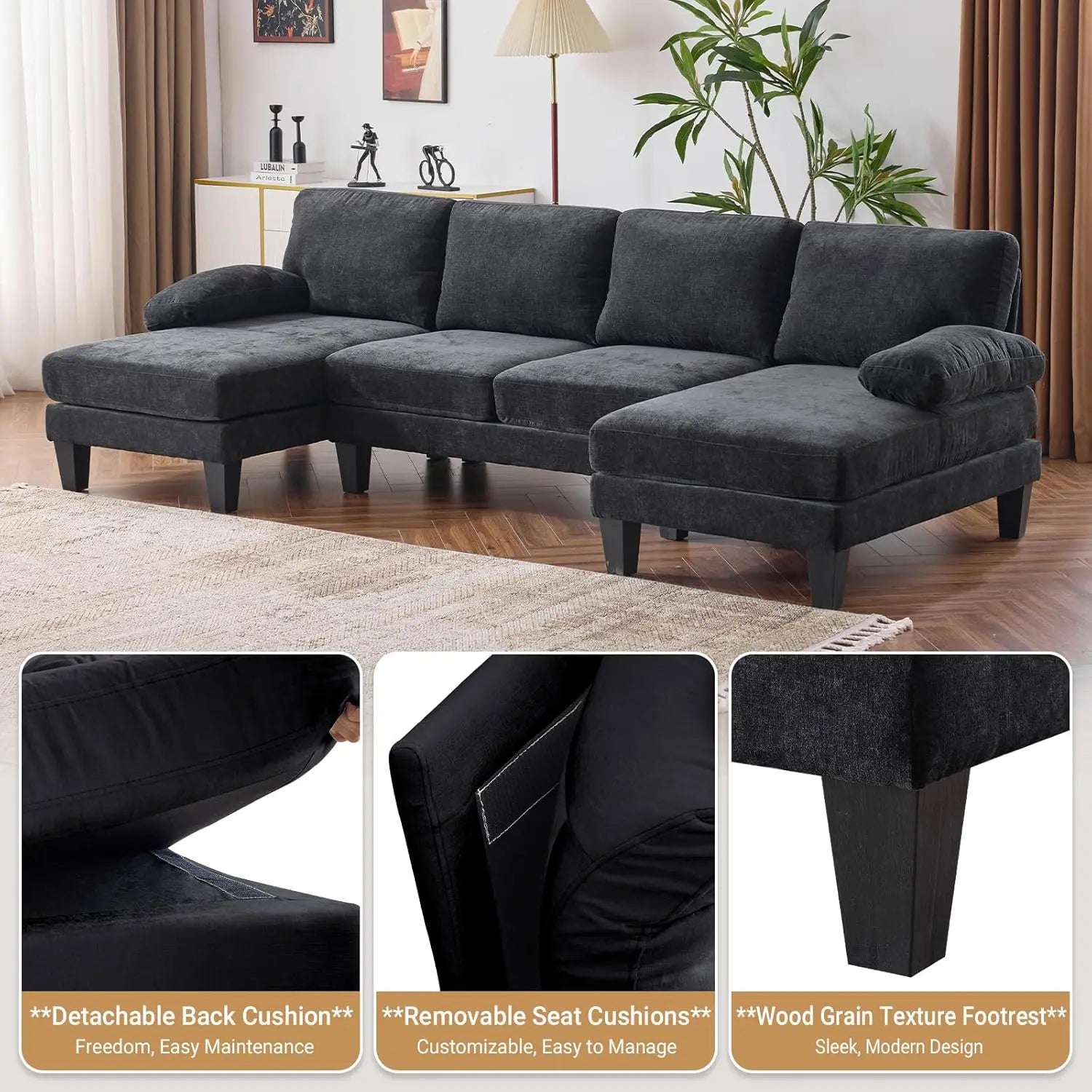 110" Sectional Couches for Living Room, U- Shaped Couch with Double Chaise, 4-Seat Sofa Set with Chenille Fabric for Home Furniture