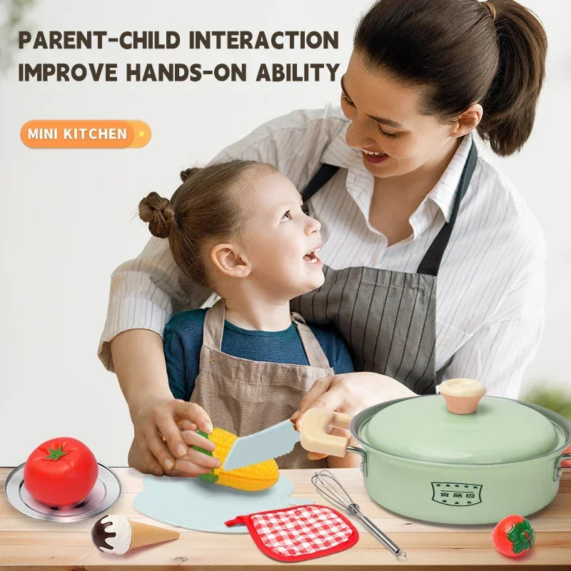 Children's Kitchen Cookware Set/ Play Kitchen Cooking Accessories/ Pots, Wood, Stainless Steel with Food for Kid Gift