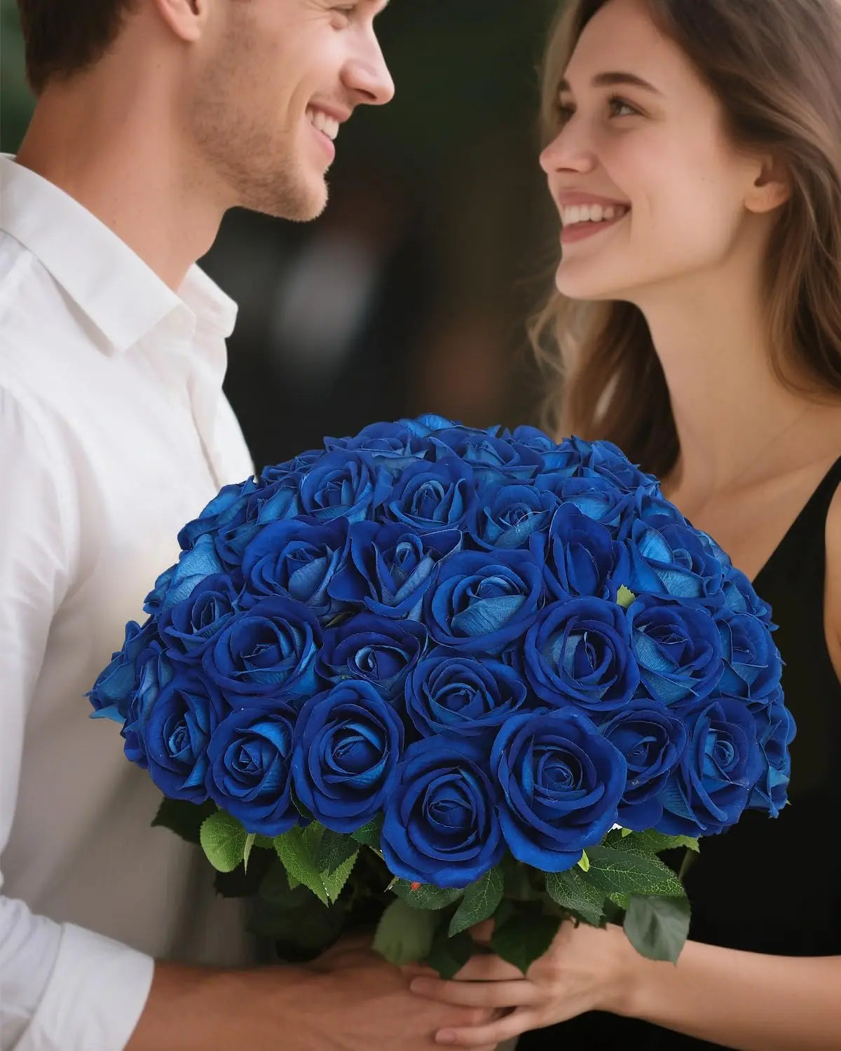 Artificial Royal Blue Roses - 50Pcs Premium Velvet Faux Roses with Long Stems, Realistic Roses Flowers for Wedding Bouquet