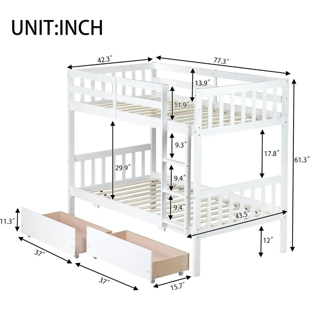 Solid Wood Twin Bunk Bed with Storage, Ladder, and Raised Guardrails for Children, Convertible Design