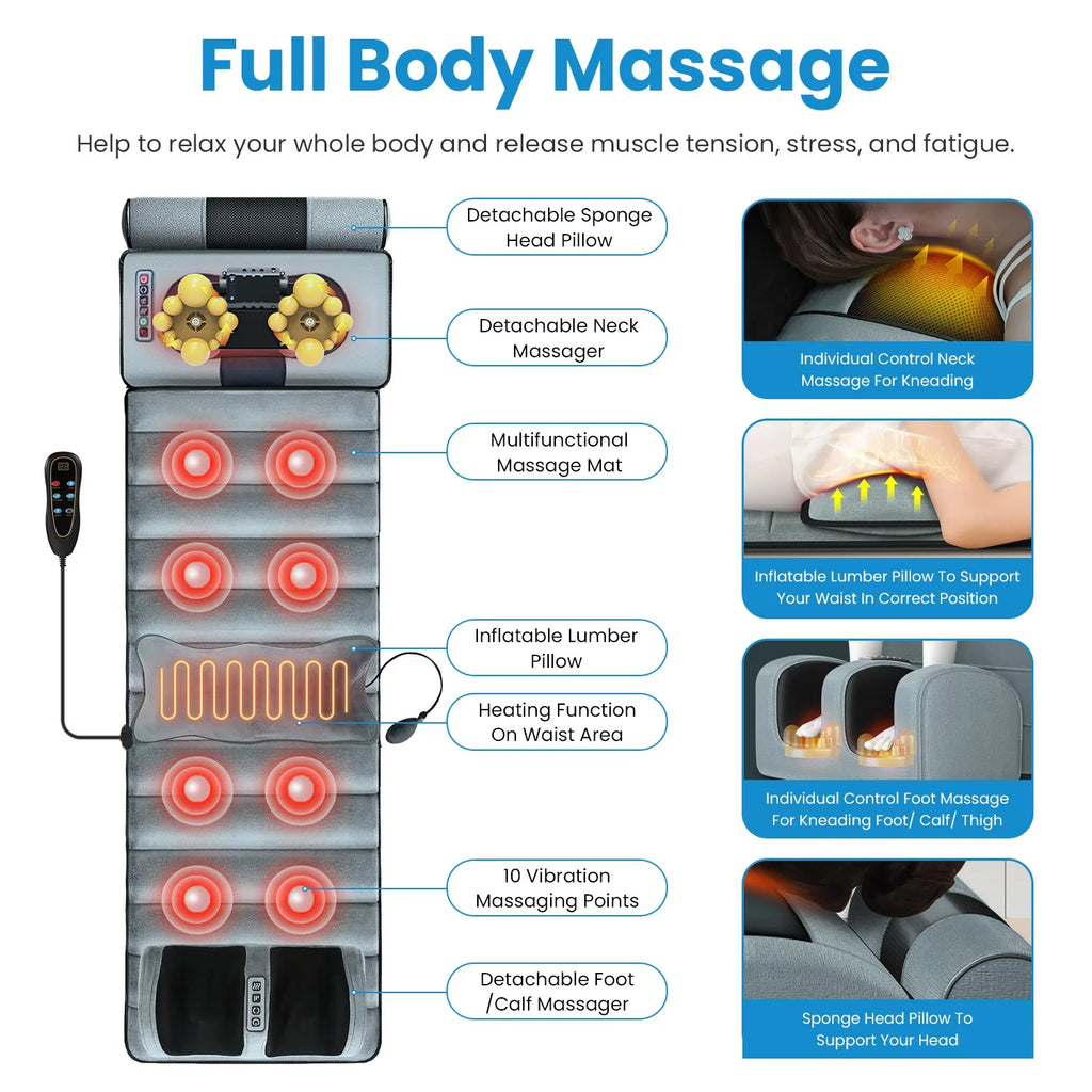 Electric Massage Mattress/ Vibrating Heating Infrared Massager Cushion For Neck, Back, Foot, and Full Body Pain Stress Relief
