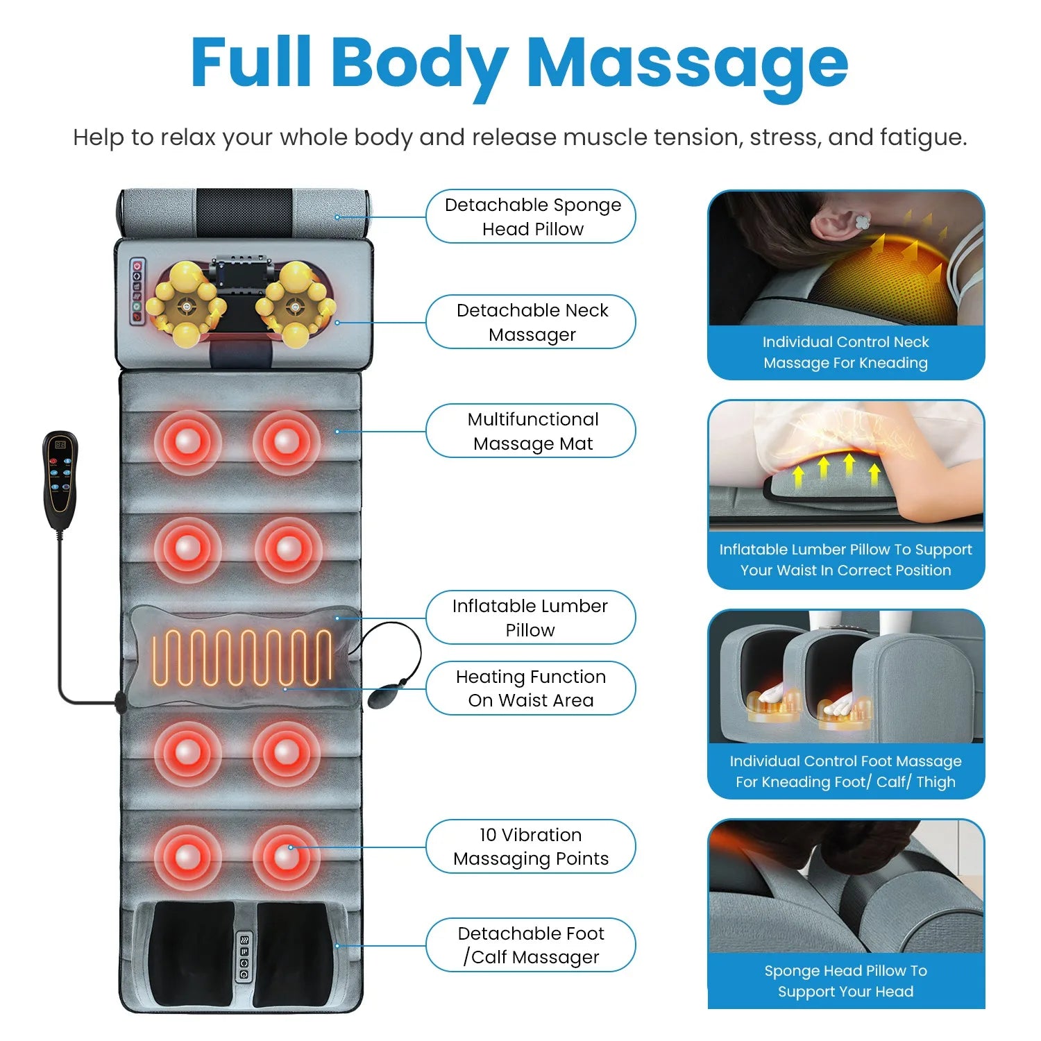 Electric Massage Mattress/ Vibrating Heating Infrared Massager Cushion For Neck, Back, Foot, and Full Body Pain Stress Relief