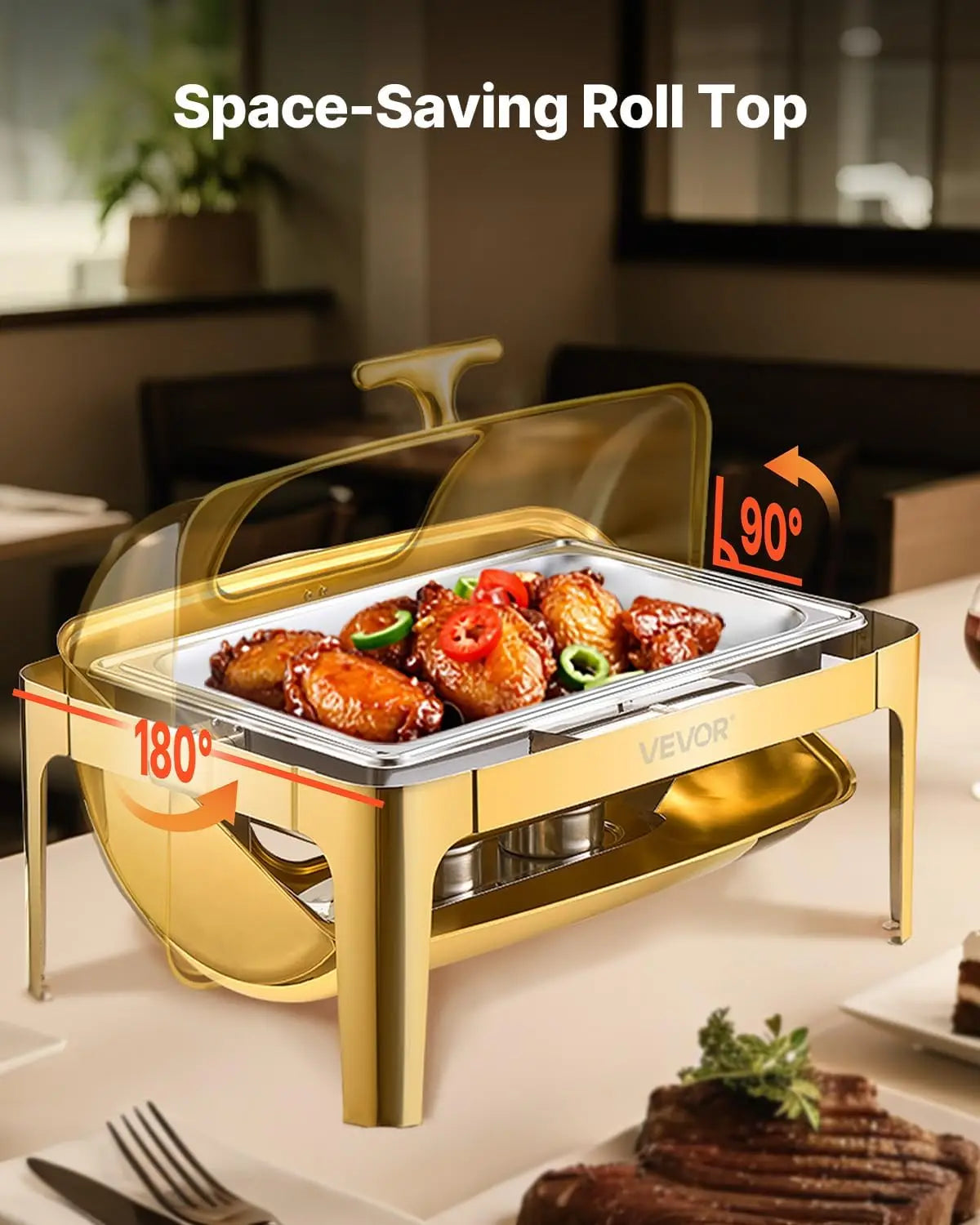 Roll Top Chafing Dish Buffet Complete Set, 9 Qt Stainless Steel Chafer with Full Size Pan, Rectangle Catering Warmer Server
