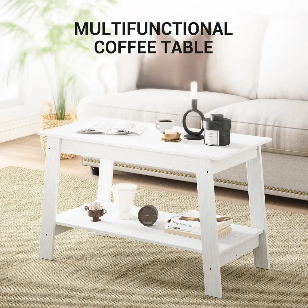 Rustic Farmhouse Wood Coffee Table with Storage Shelf, Rectangular Small Center Side Table for Living Room, Easy Assembly