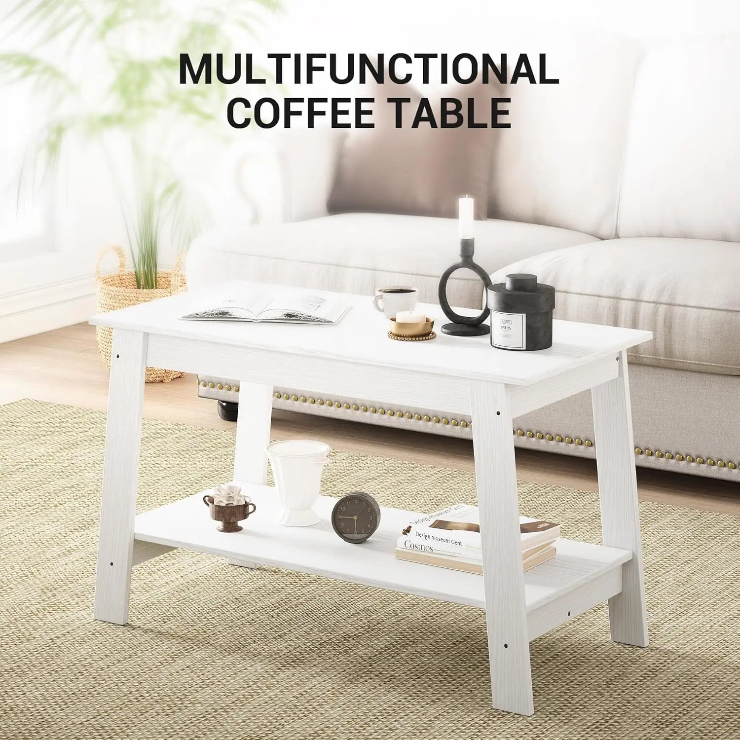 Rustic Farmhouse Wood Coffee Table with Storage Shelf, Rectangular Small Center Side Table for Living Room, Easy Assembly