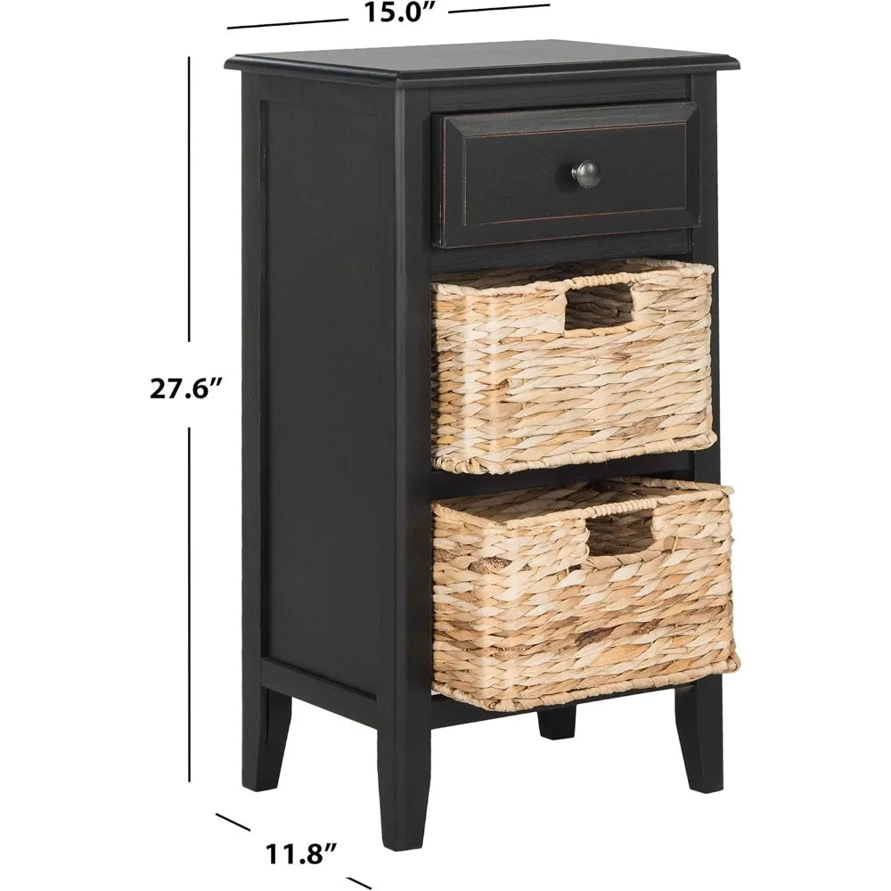 Distressed Black Side Table with 1 Drawer and 2 Removable Baskets