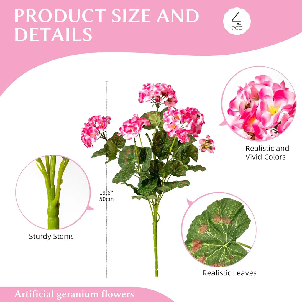 Artificial Geranium Flowers for Outdoors 19.6" Geraniums Artificial Flowers Realistic Faux Geraniums for Outdoor Planter