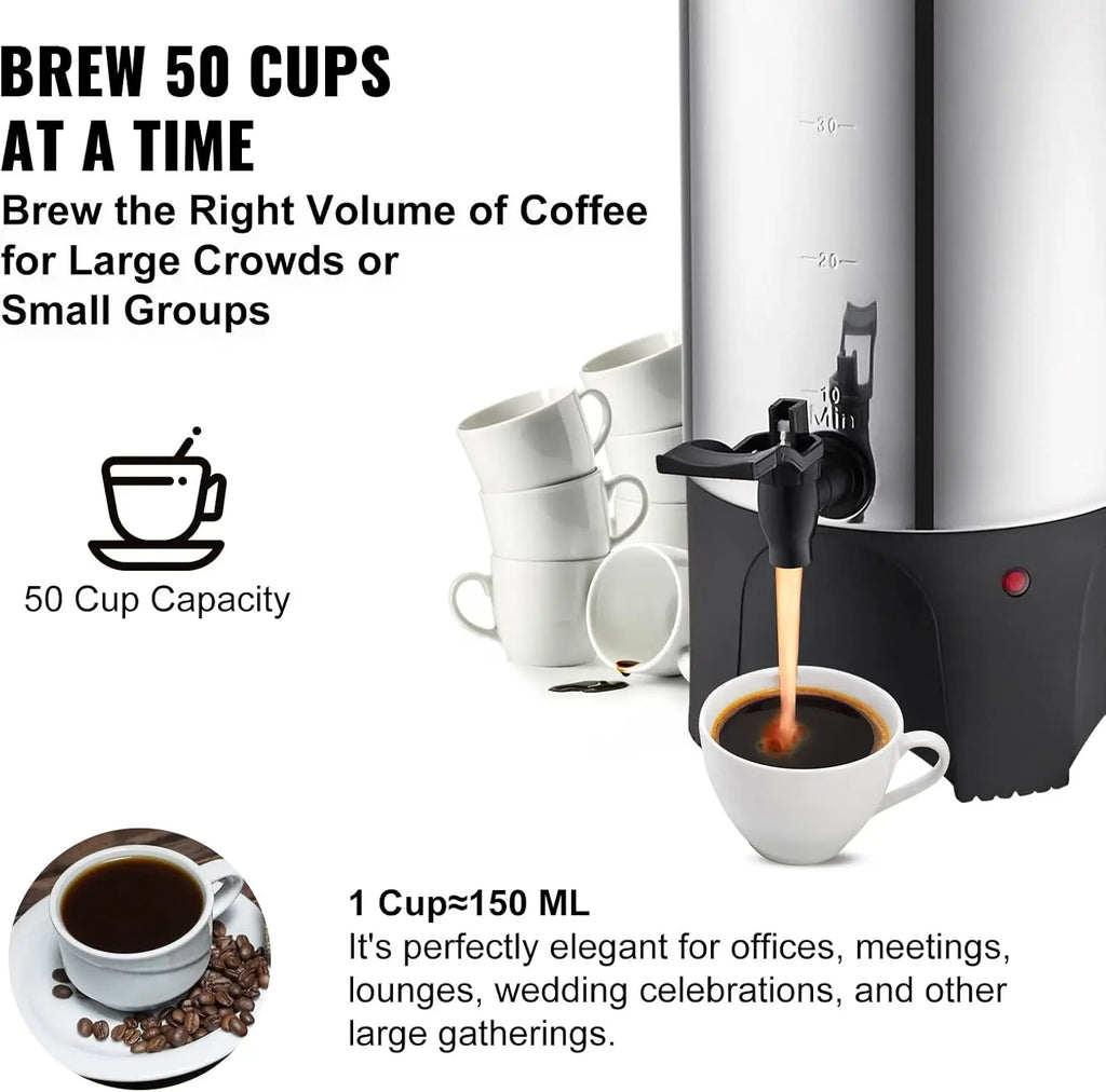 50 Cup Commercial Coffee Urn 7.5L Stainless Steel Electric Dispenser 1000W Fast Brewing