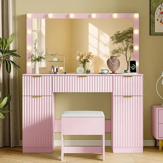 Vanity Desk with Large 42" Mirror and Lights, White Fluted Makeup Table Set with Storage Drawers, Power Outlet & Stool
