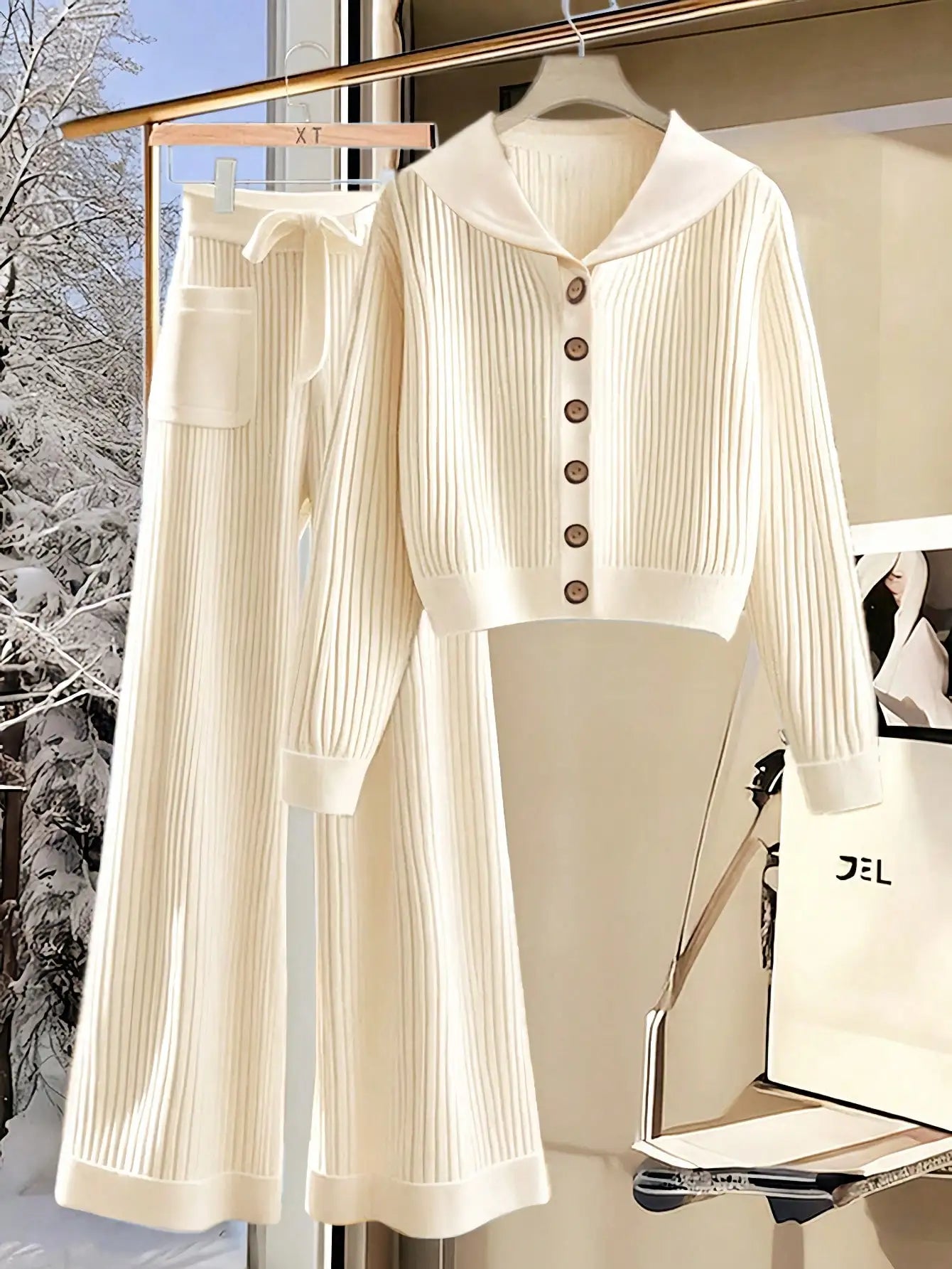 Airaco Women's Casual Solid Color Front Button Sweatshirt And Pants 2 Pieces Set, Autumn/Winter