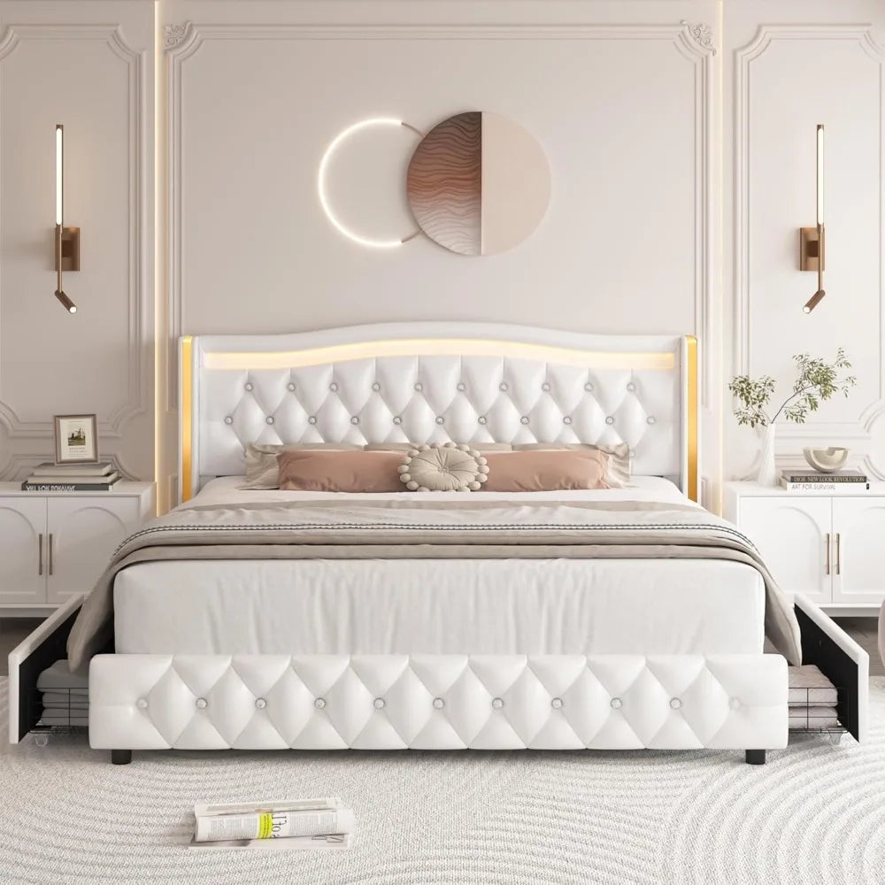 Full Smart LED Platform Bed Frame with 4 Storage Drawers