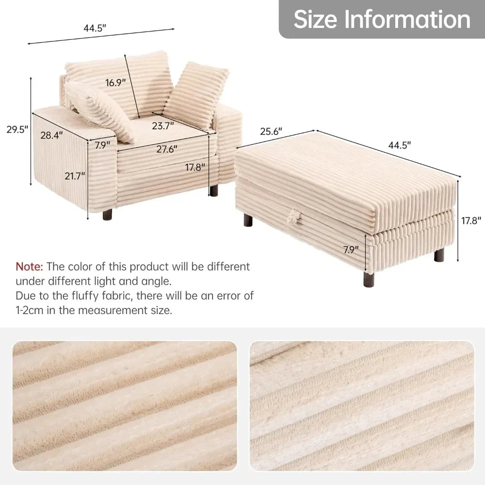 54" Oversized Chaise Lounge Chair Indoor, Comfy Sofa Bed with Storage and Ottoman, Upholstered Reading Chairs, Cloud Couches