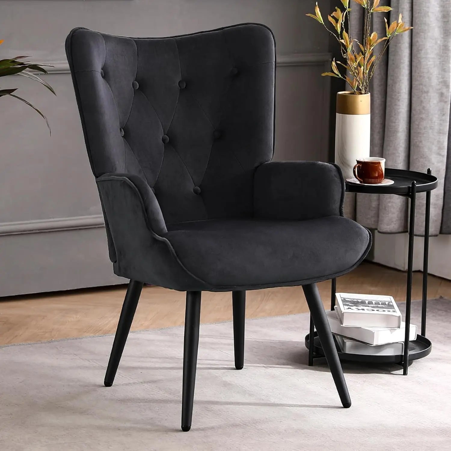 Boucle Accent Chair for Living Room, Upholstered Reading Chair with High Backrest, Tufted-Button Wingback Armchair