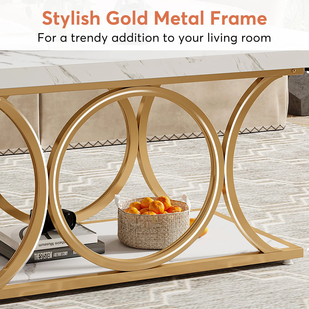 Rectangle Coffee Table, 2-Tier Faux Marble Wood