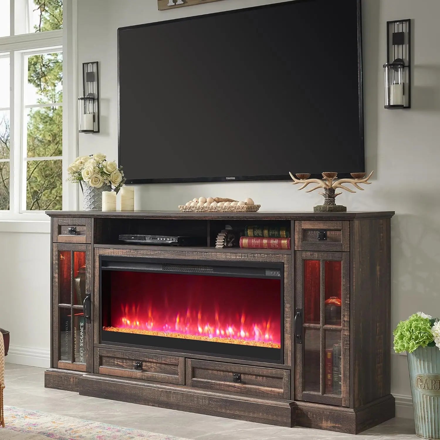Fireplace TV Stand for 80 Inch TV, Farmhouse Entertainment Center with 42" Fireplace & LED Lights, Modern Media Console Table