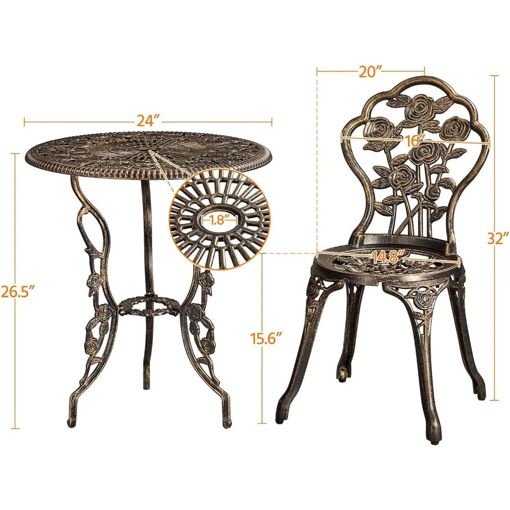 3-Piece Outdoor Bistro Set w/Rose Design, Rust-Resistant Cast Aluminum Table and Chairs w/Umbrella Hole for Balcony, Backyard, Garden